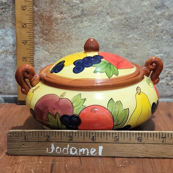 Vintage Ceramic Serving Bowl with Lid Footed Fruit Design - Picture 9 of 10